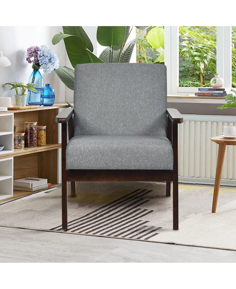 Gymax Wooden Upholstered Accent Chair Fabric Armchair Home Office