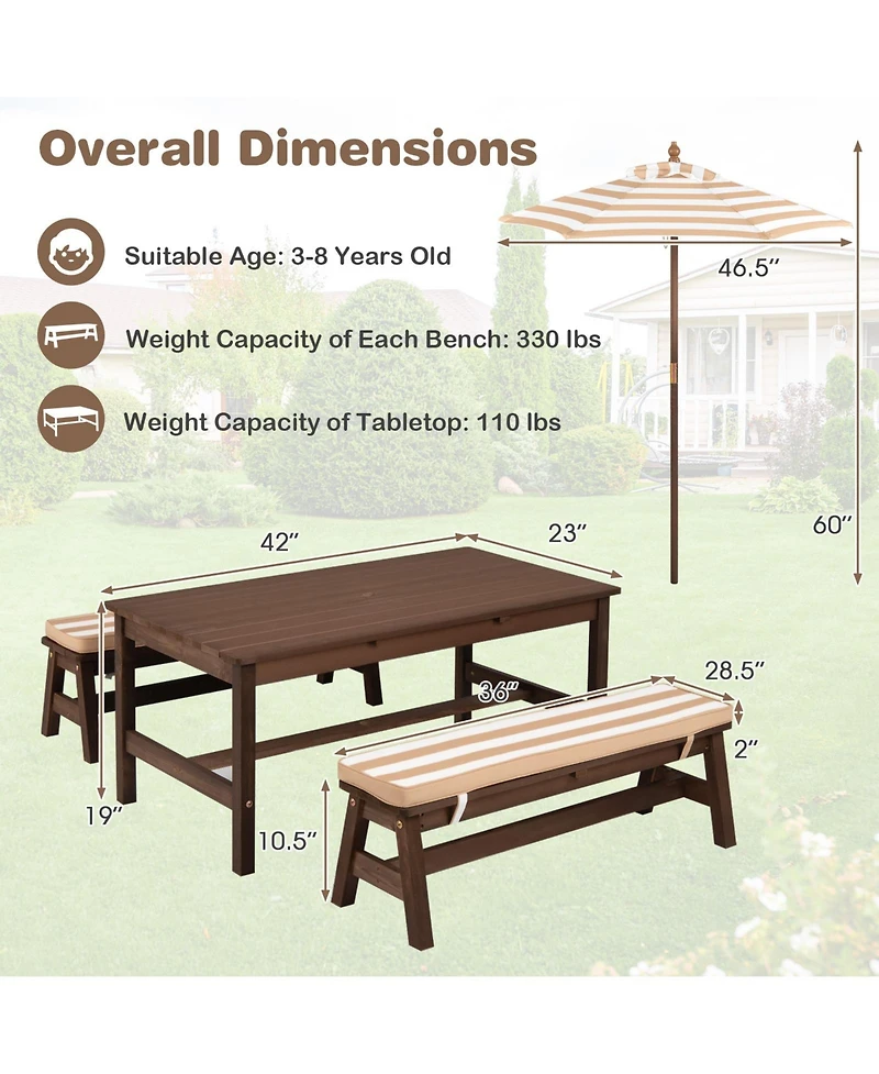Gymax Kids Picnic Table Outdoor Wooden Table and Bench Set with Removable Umbrella