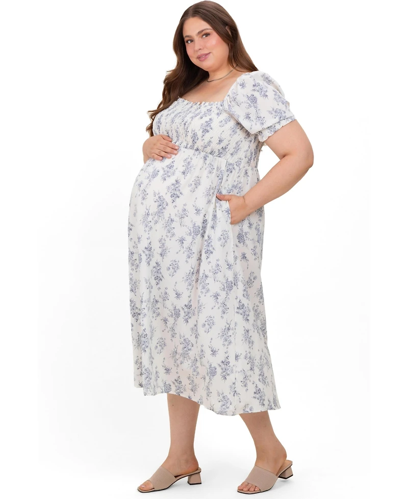 Pinkblush Plus Size Ivory Floral Smocked Sweetheart Neckline Midi Dress