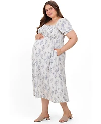 Pinkblush Plus Size Ivory Floral Smocked Sweetheart Neckline Midi Dress