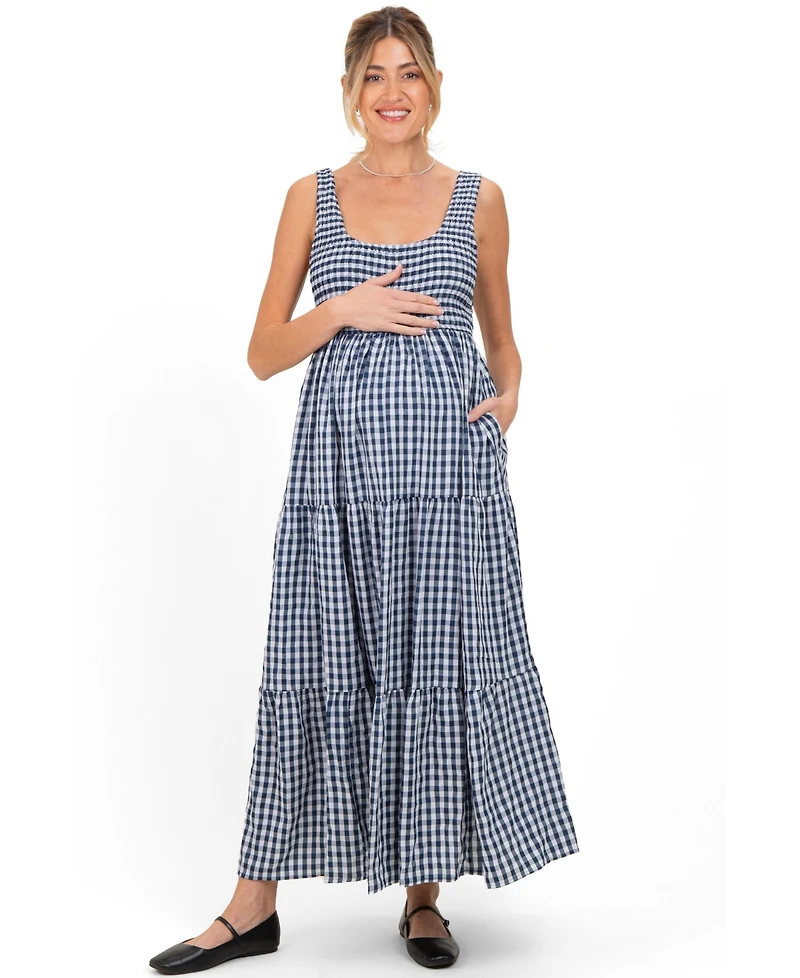 Pinkblush Maternity Blue Gingham Sleeveless Tiered Maxi Dress