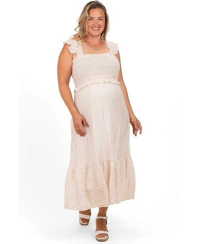 Pinkblush Plus Light Khaki Striped Smocked Midi Dress
