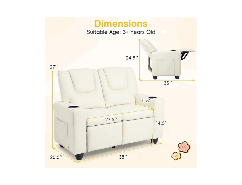 Slickblue Kids Double Recliner Sofa Chair with 2 Cup Holders for Toddlers and Children