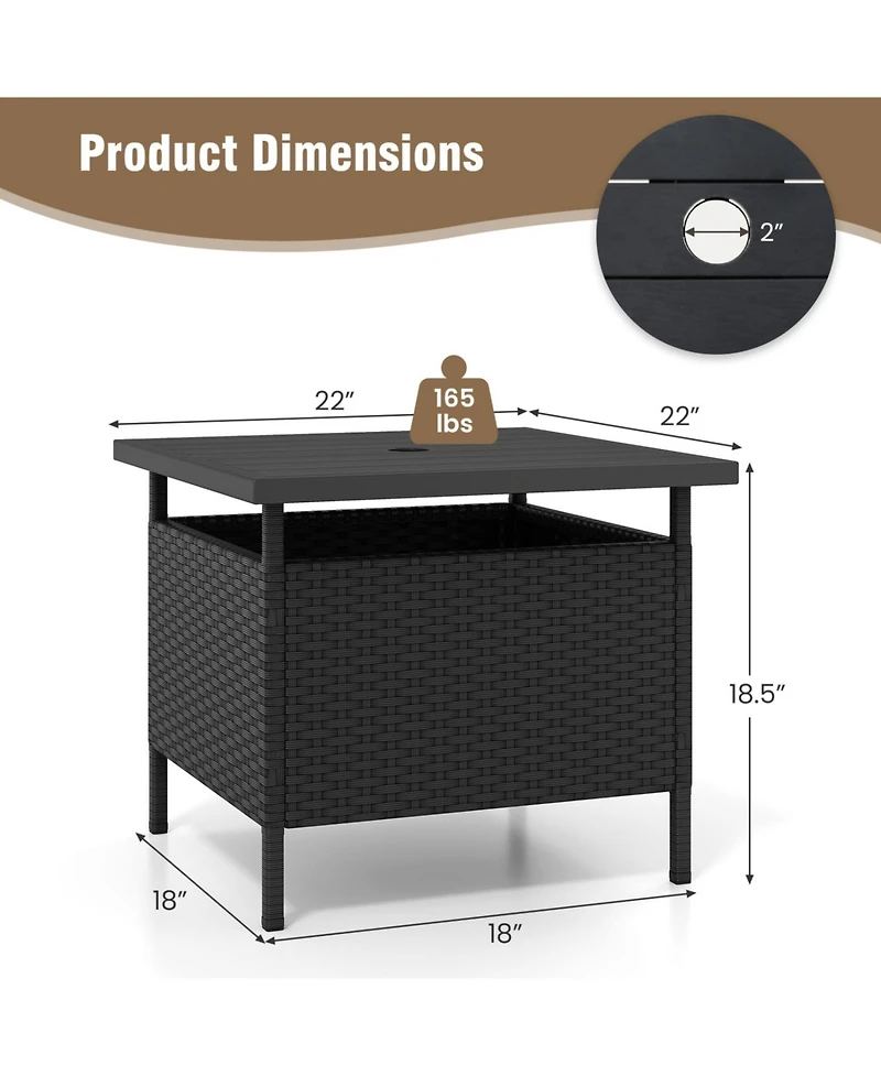 Patio Square Wicker Side Table with Umbrella Hole for Yard Garden Poolside