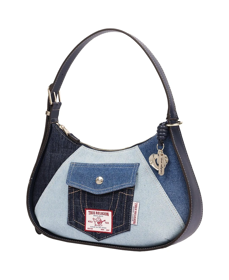True Religion Women's Zip Top Hobo Bag with Signature Pocket Detail