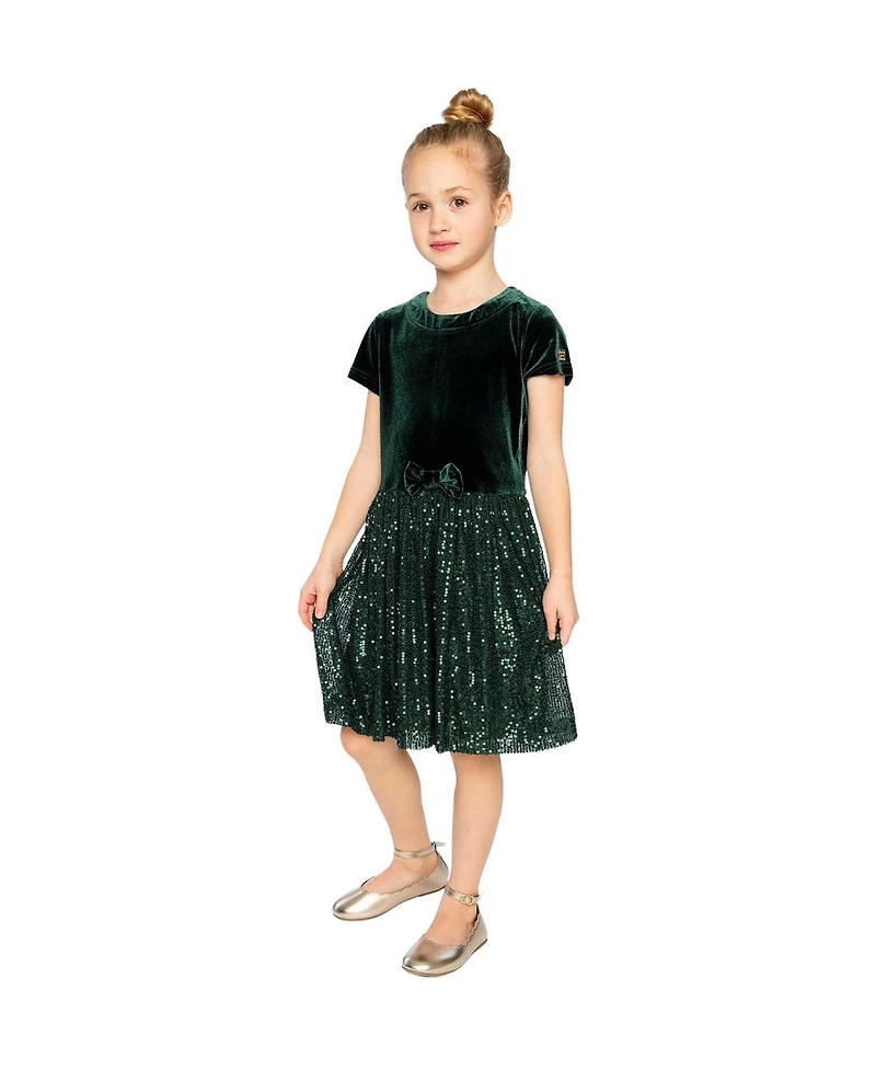 Deux par Girls (6-14) Bi-Material Short Sleeve Dress with Glittering Skirt