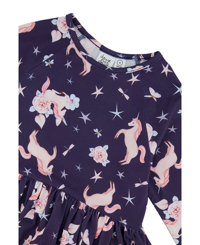 Deux par Deux Girls' (6-12) Long Sleeve Unicorn Print Dress