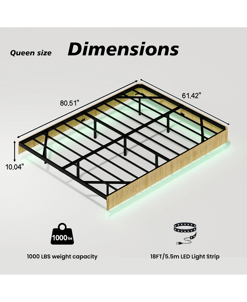 Rainsken Floating Bed Frame with Led Lights, Fluted Wave Curve Wood Floating Bed Frame, with Heavy Duty Metal Slats - No Box Spring Needed