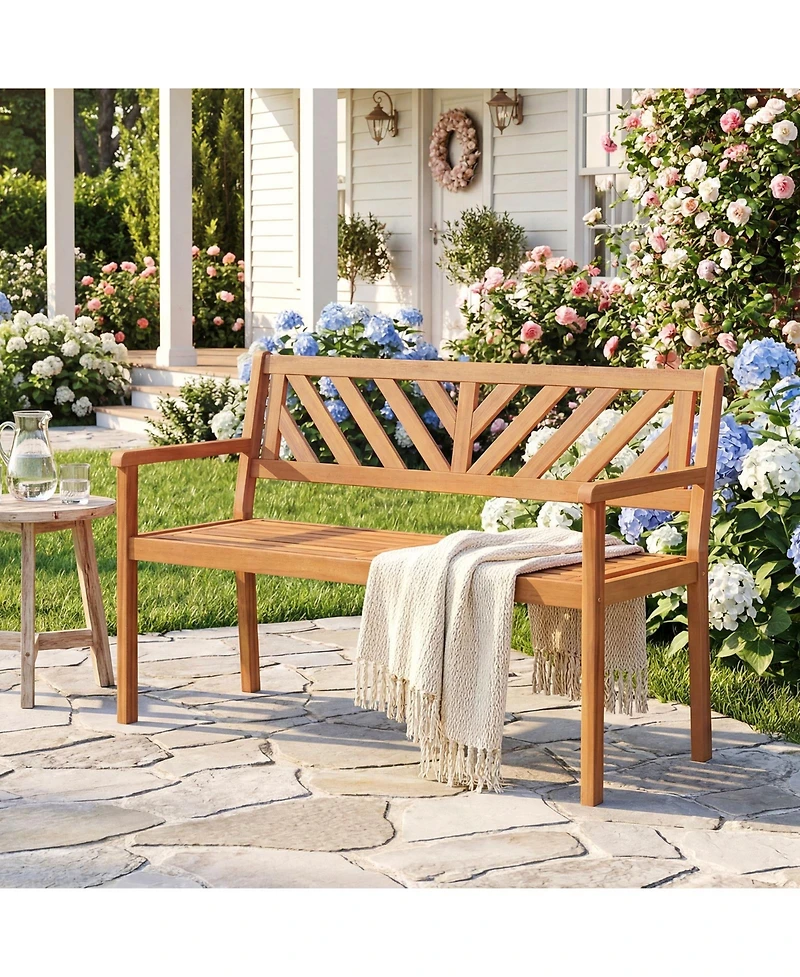 Gymax Outdoor Loveseat Bench 2-Person Patio Acacia Wood Garden Chair with Armrests
