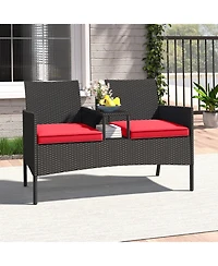 Gymax Patio Loveseat with Built-in Table Soft Cushions and Tempered Glass Tabletop Outdoor