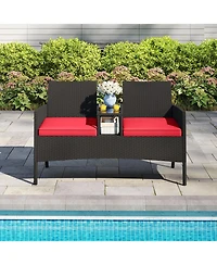 Gymax Patio Loveseat with Built-in Table Soft Cushions and Tempered Glass Tabletop Outdoor