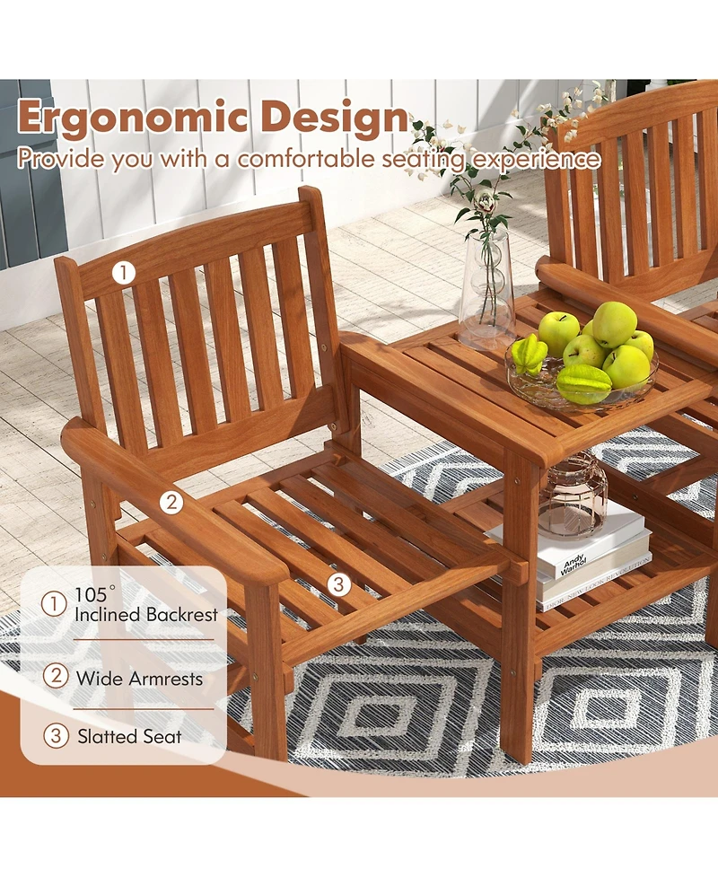 Gymax Outdoor Wood Bench Loveseat with Built-in Table 1.57'' Umbrella Hole for Porch