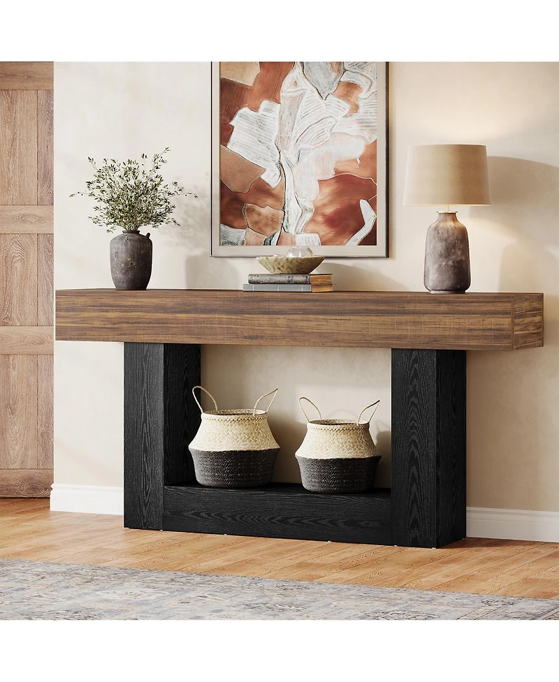 Tribesigns 63" Console Table, Farmhouse 2-Tier Entryway Table with U-Shaped Base, Narrow Long Wood Behind Couch Table