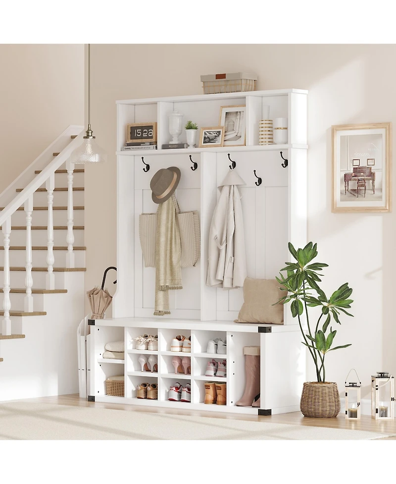homfan Hall Tree with Bench – 12 Shoe Cubbies, 5 Double Hooks and Adjustable Shelves for Hallway, Mudroom or Bedroom