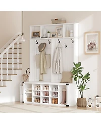 homfan Hall Tree with Bench – 12 Shoe Cubbies, 5 Double Hooks and Adjustable Shelves for Hallway, Mudroom or Bedroom