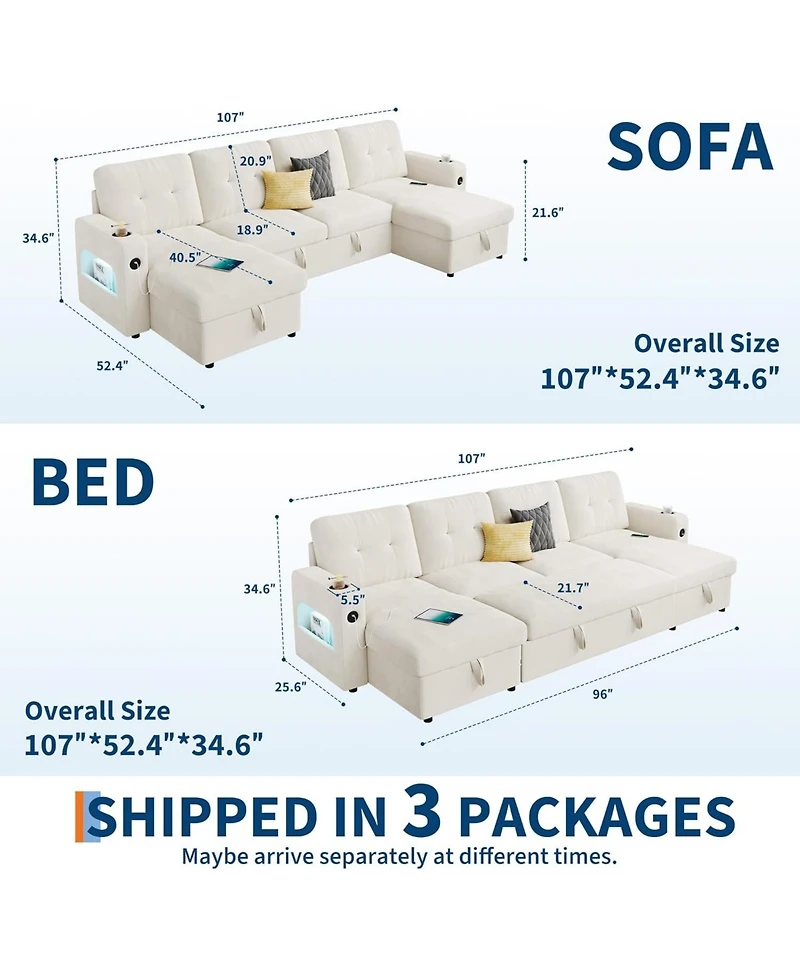 gaomon Modular Sofa with Storage, 107" Sleeper Sofa Bed Sectional Cloud Couch