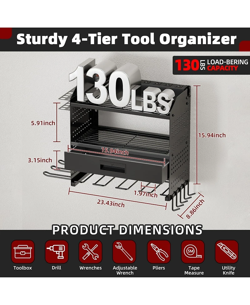 Xdovet Power Tool Organizer Wall Mount 4 Layers Drill Holder Garage Storage Rack