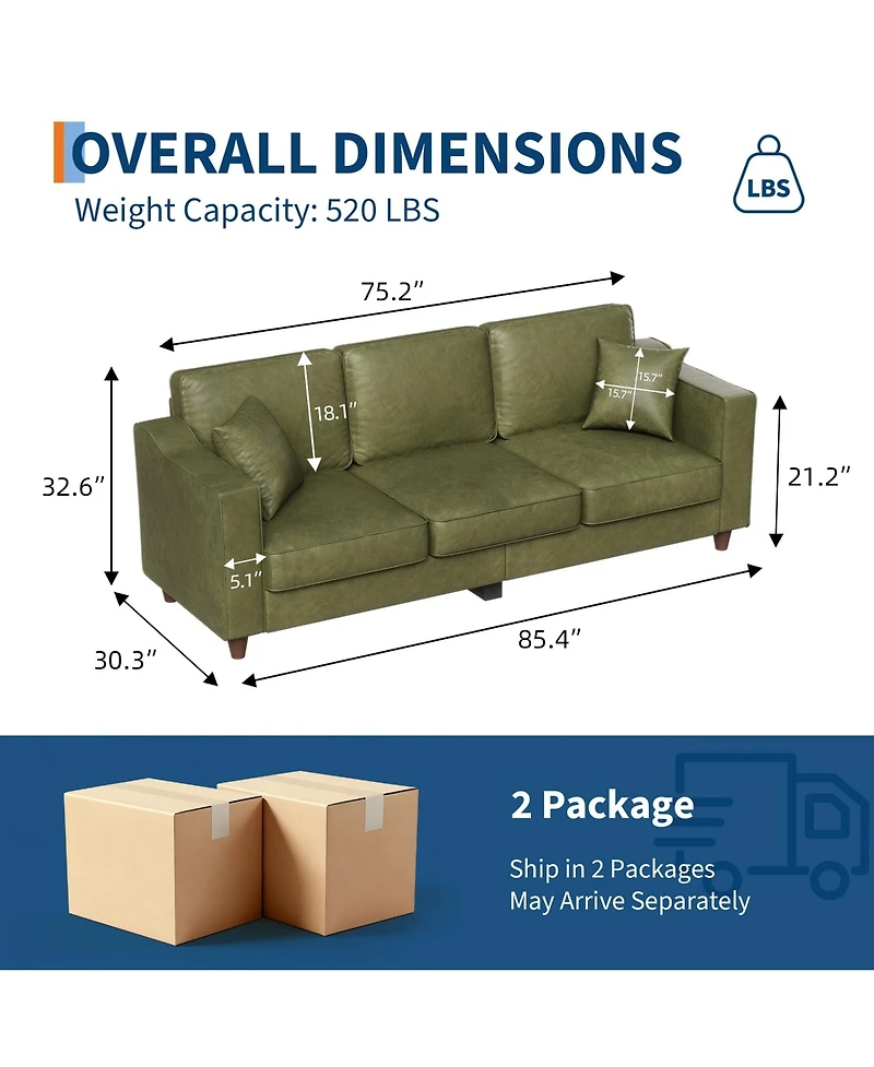 homfan 85 Inches 3-Seater Sofa with 2 Throw Pillows, Faux Leather Couch, Back Cushion, Support Feet for Living Room