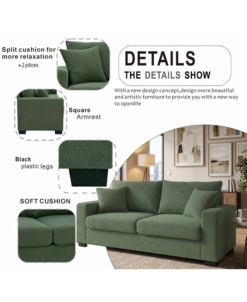 Rainsken Loveseat Sofa, with 2 Throw Pillows, Comfortable Upholstered Couch, Textured Fabric, for Living Room, Apartment, Office, Easy Assembly