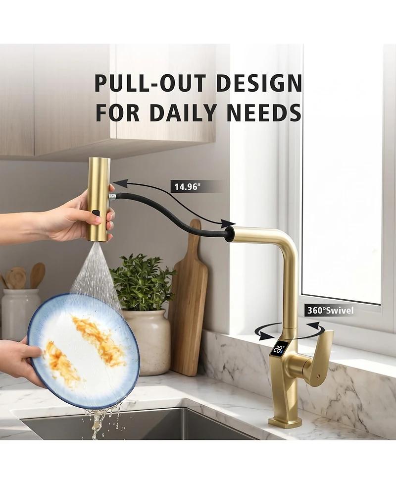 Midola Touchless Brushed Gold Kitchen Faucet with Led Display, Motion Sensor Sink Faucet with 3-Function Pull-Out Sprayer and 360degree