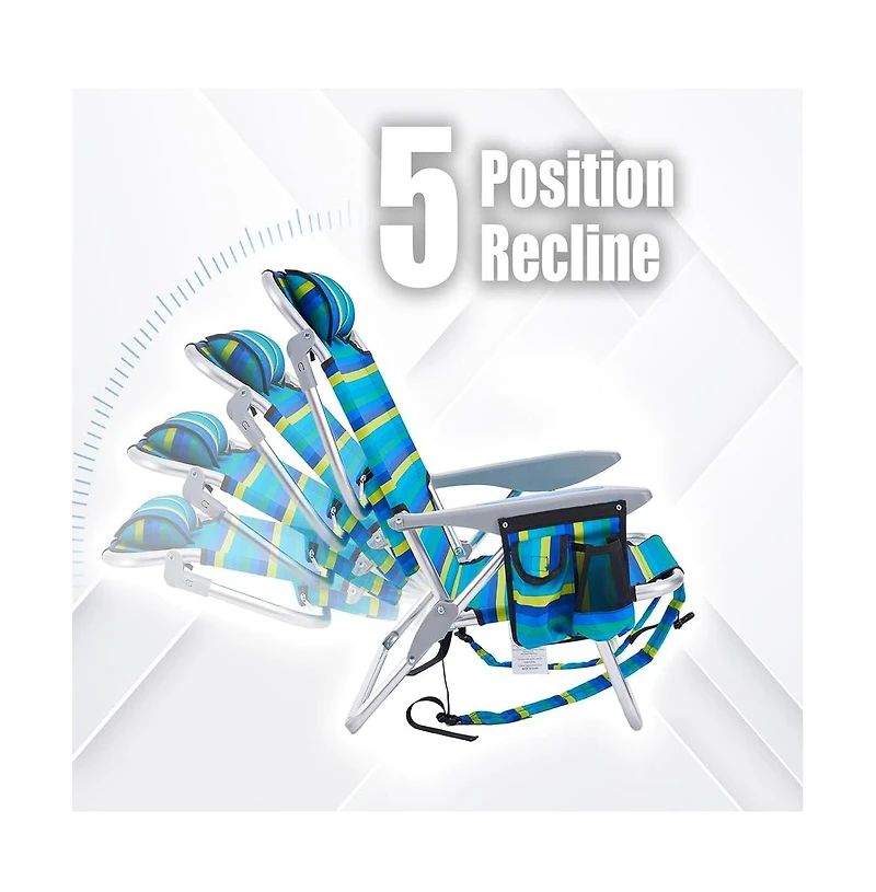 Aofar Portable Recliner Chair Camping Folding Lay Flat 5 Positions Headrest Pouch Cup Holder Striped