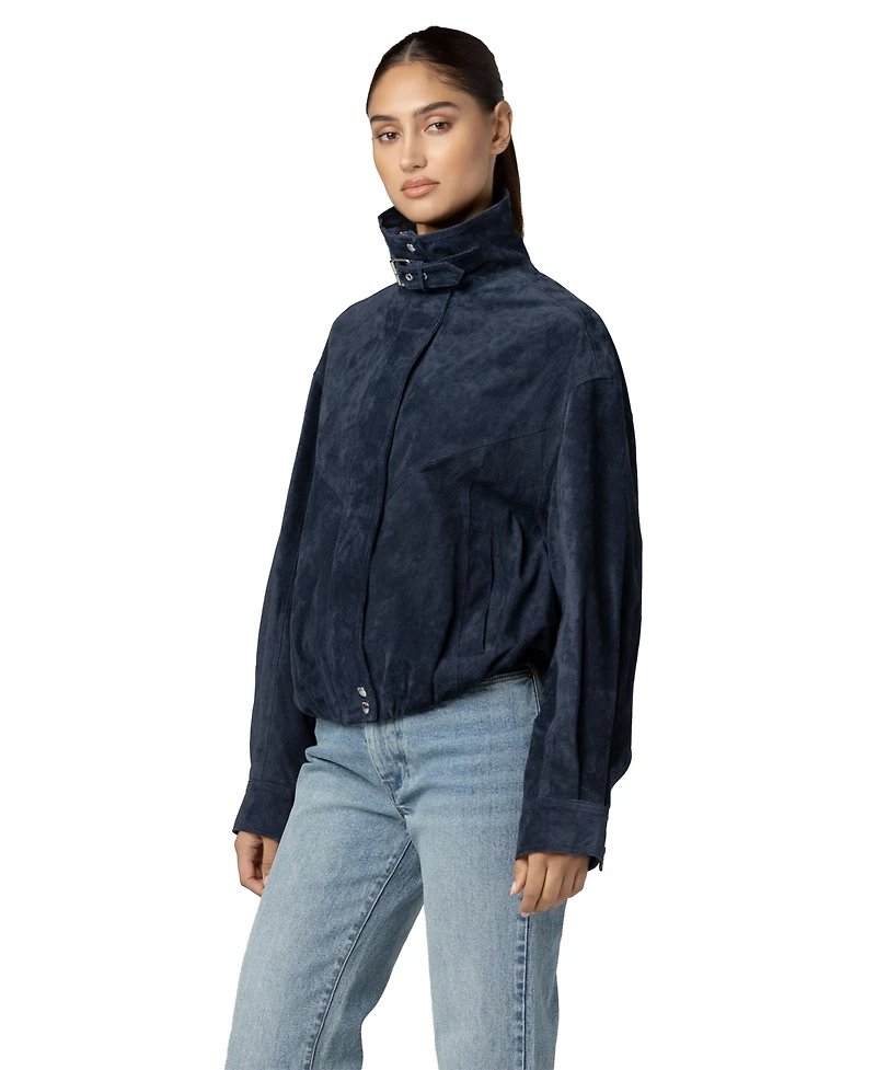 Blank Nyc Women's Midnight Drift High Collar Suede Bomber Jacket