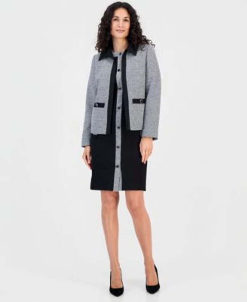 Kasper Womens Collared Tweed Combo Cardigan Tweed Trim Short Sleeve Sheath Dress
