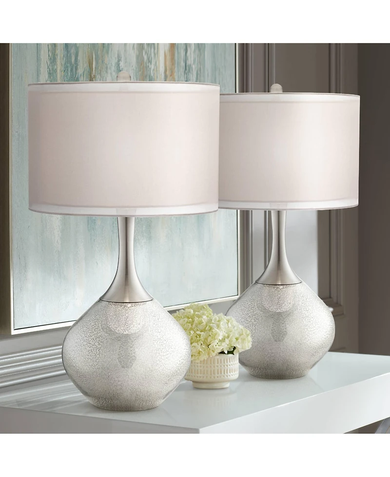 Possini Euro Design Modern Table Lamps 30.5" Tall Set of 2 Mercury Glass Chrome Twin Sheer Drum Shade for Living Room Family Bedroom Bedside