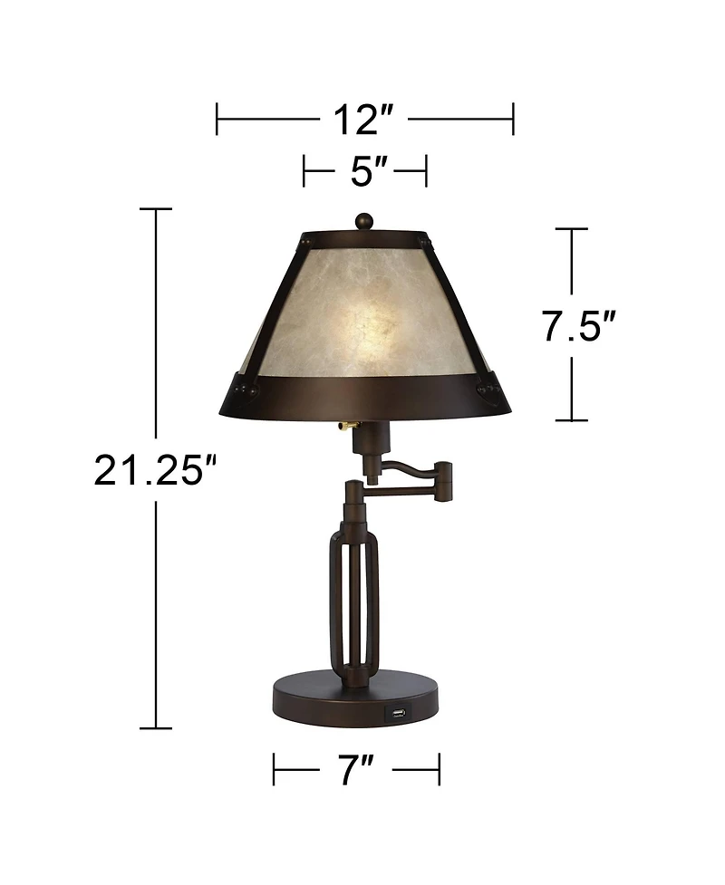 Franklin Iron Works Samuel Industrial Desk Lamps 21 1/4" High Set of 2 Bronze Swing Arm with Usb Charging Port Natural Mica Shade for Living Room Home