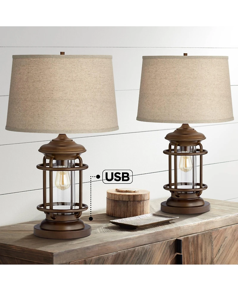 Franklin Iron Works Andreas 26" High Lantern Industrial Table Lamps Set of 2 Usb Port Night Light Metal Living Room Charging