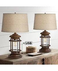 Franklin Iron Works Andreas 26" High Lantern Industrial Table Lamps Set of 2 Usb Port Night Light Metal Living Room Charging