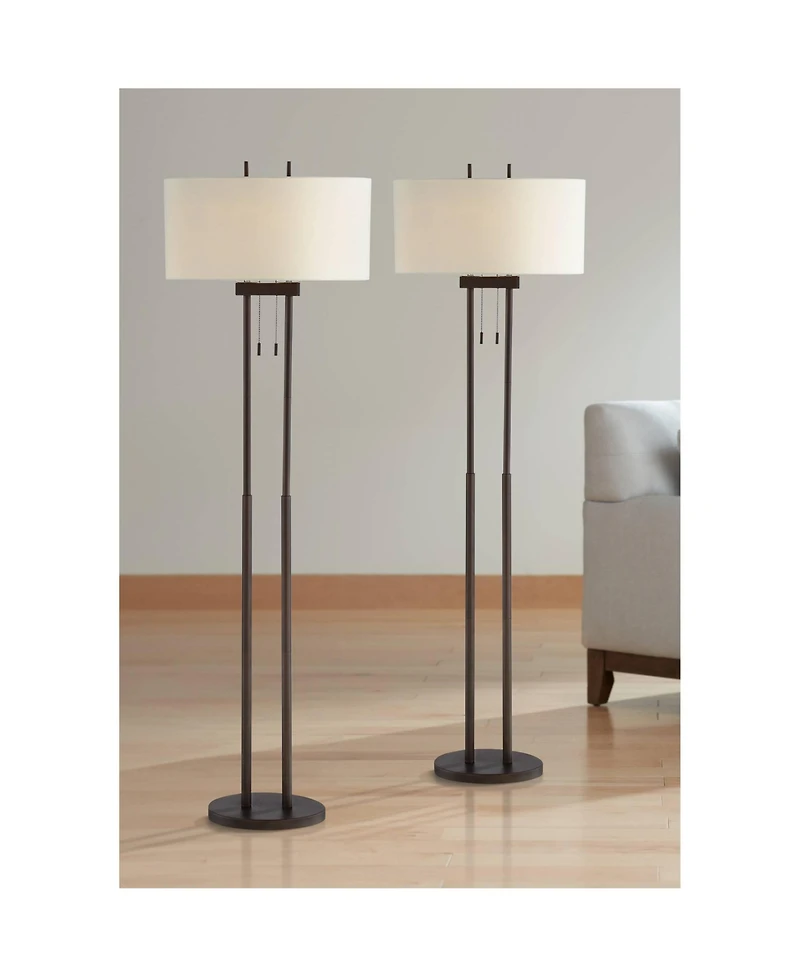 Franklin Iron Works Roscoe Modern 62" Tall Standing Floor Lamps Set of 2 Lights Twin Pole Pull Chain Roman Bronze Finish