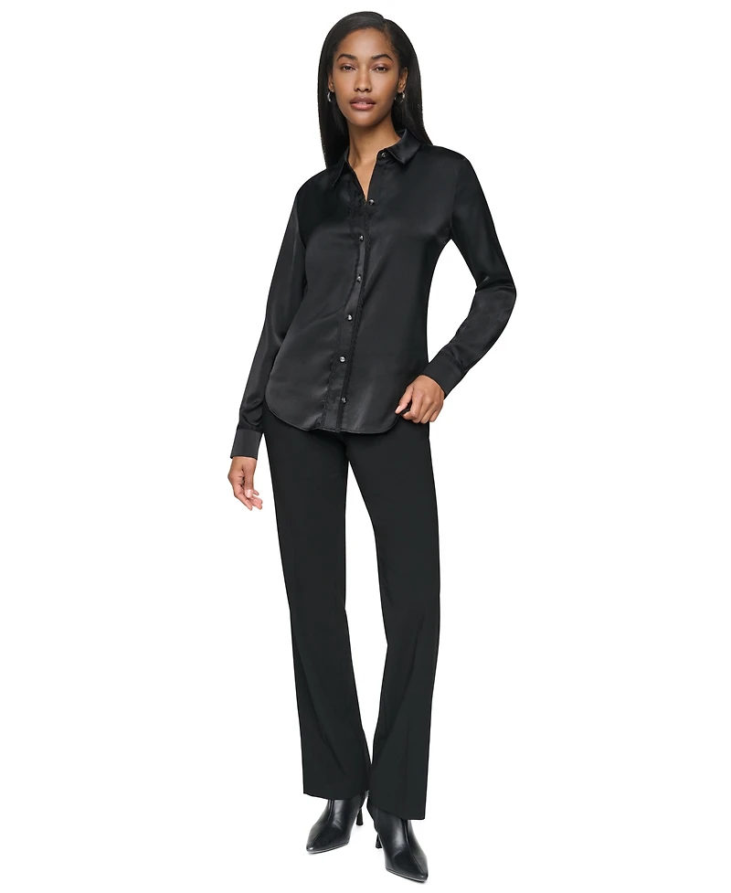 Dkny Petite Satin Front-Button Long-Sleeve Top