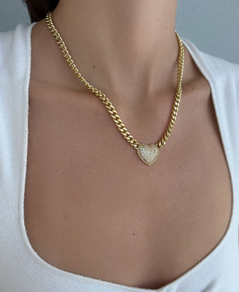 Adornia Gold Chunky Cubic Zirconia Heart Curb Chain Necklace