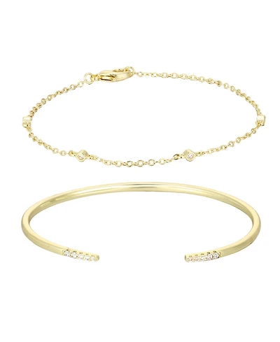Adornia Gold Cubic Zirconia Set of 2 Open Cuff and Station Bracelet