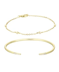 Adornia Gold Cubic Zirconia Set of 2 Open Cuff and Station Bracelet