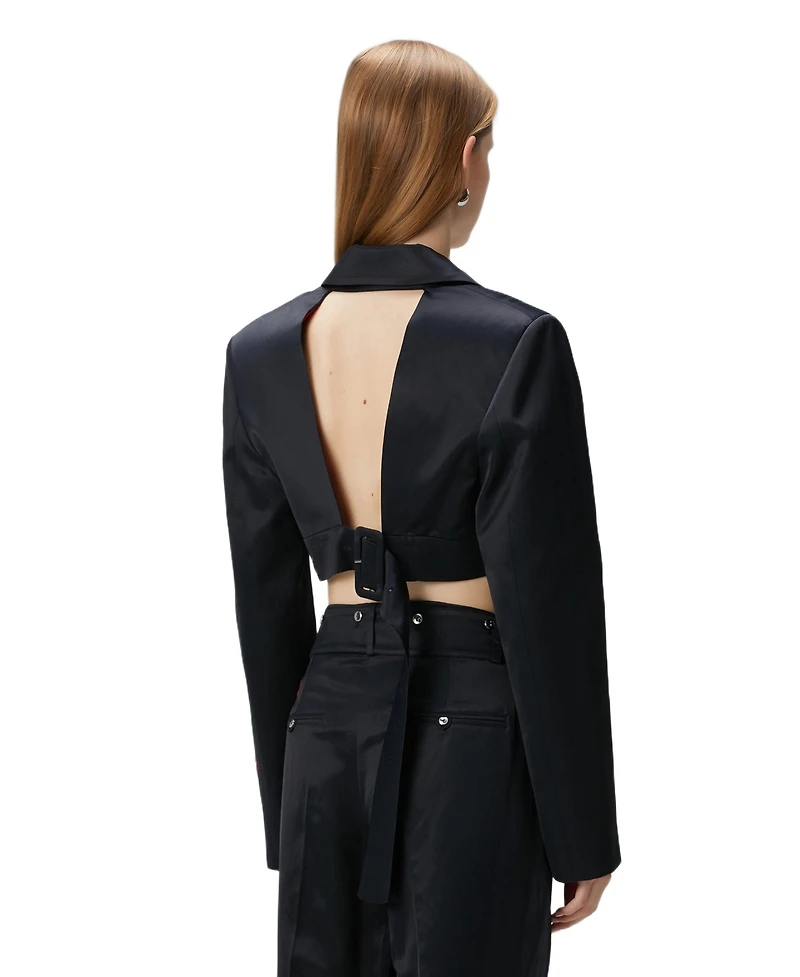 Pcfg Women's Linen-Blend Shiny Cropped Belted Woven Jacket