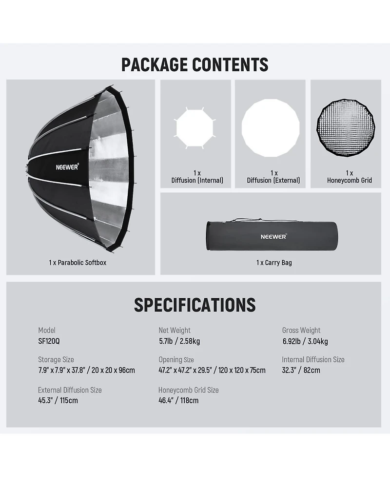 Neewer FS300 Softbox with 47.2inch, 120cm, Rgb for Aputure 120d Light Dome Godox sl60w Neewer Rgb