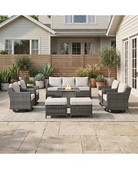 Pocassy 8 Piece Outdoor Furniture Set with Fire Pit Table, Wicker Conversation Cushions and Swivel Glide, All Weather Patio