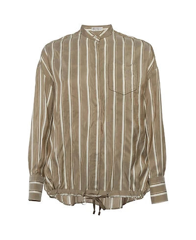 Pre-Owned Brunello Cucinelli Women's Striped Silk Monili-Trim Drawstring Blouse