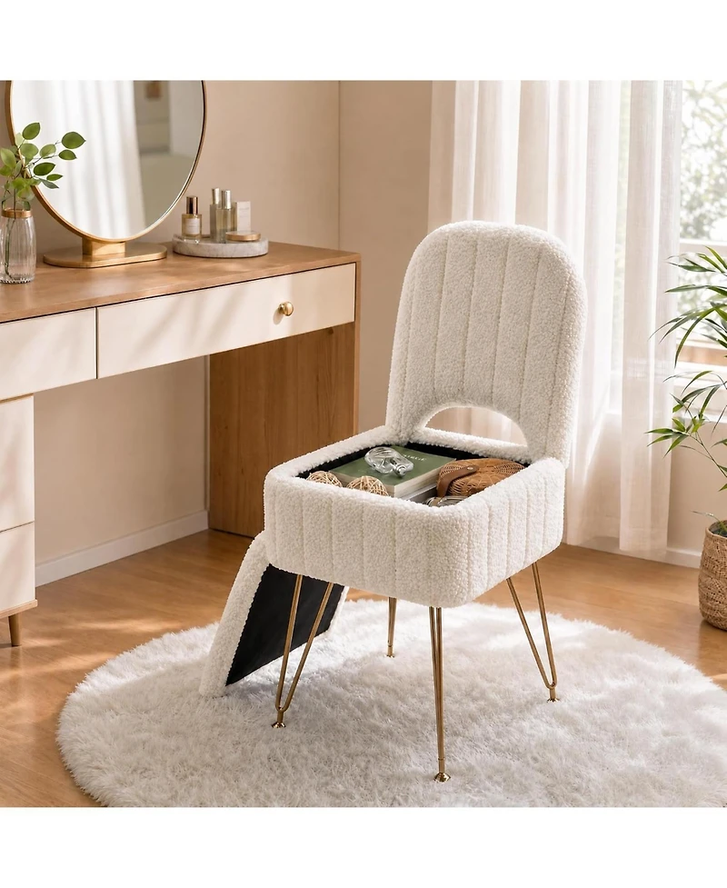 gaomon Vanity Stool Chair with Backrest, Square Ottoman with Hidden Storage Compartment, Soft Teddy Fabric