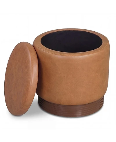 Slickblue Round Ottoman with Hidden Storage and Acacia Wood Frame for Living Room