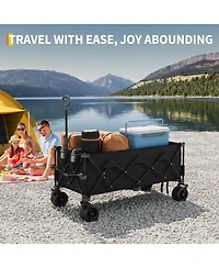 homfan Heavy Duty Utility Beach Wagon Cart, Collapsible with All Terrain Wheels, Extra Long WagonCart Foldable Cup Holders for Sand