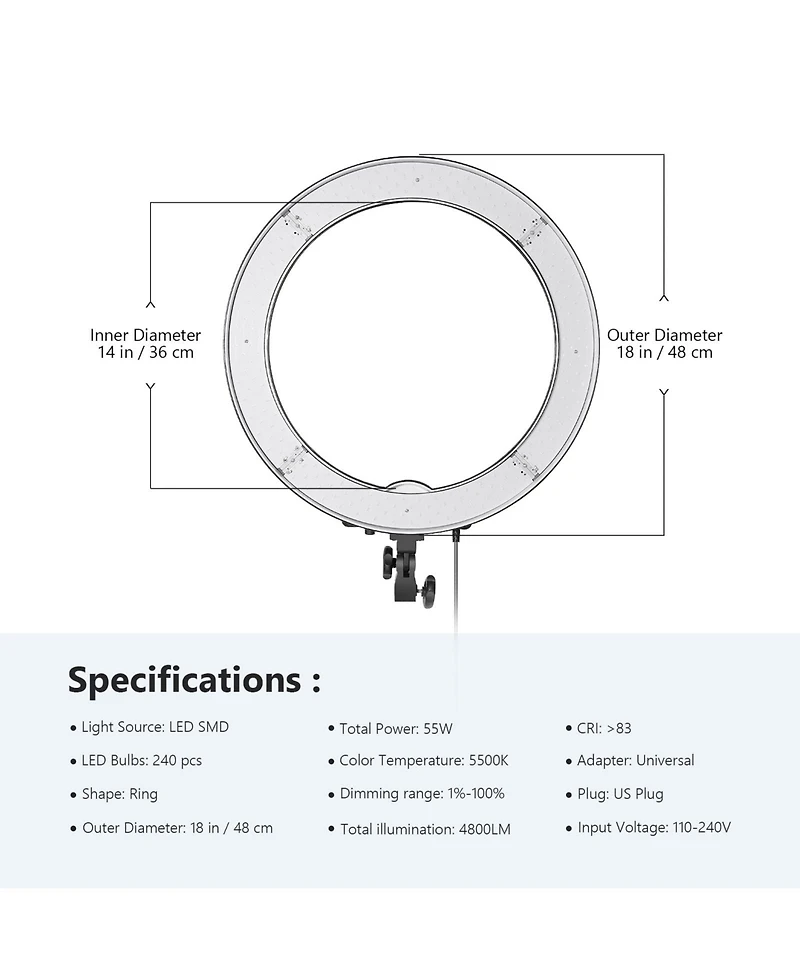 Neewer Ring Light with 55W, 240 LEDs, 5500K for Camera and Smartphones : Electronics