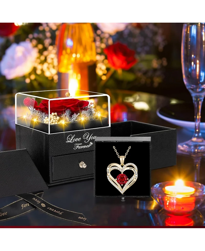 Lovery 5-Piece Preserved Rose with Led Lights, Double Heart Necklace and Acrylic Box Gift Set
