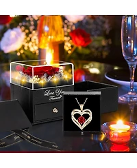 Lovery 5-Piece Preserved Rose with Led Lights, Double Heart Necklace and Acrylic Box Gift Set