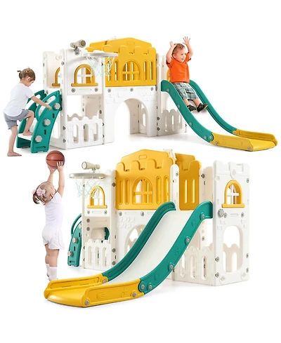 homfan 8-in-1 Toddler Playground with Slide, Indoor Outdoor Kids Playset Climber, Crawl Tunnel, Basketball Hoop and Storage for Ages 1-3