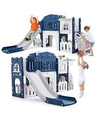 homfan 8-in-1 Toddler Playground with Slide, Indoor Outdoor Kids Playset Climber, Crawl Tunnel, Basketball Hoop and Storage for Ages 1-3