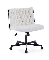 homfan Home Office Desk Chair with Wheels, Wide Seat Criss-Cross Armless Swivel Makeup Vanity Chair, Modern Cross-Legged Task Chair, Beige