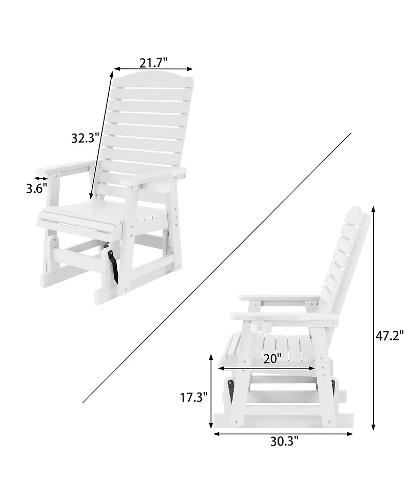 Mega Casa Poly Lumber Patio Glider for One Person, with Cup Holders, High Backrest and Deep Contoured Seat, Hips Material, All-Weather Resistant